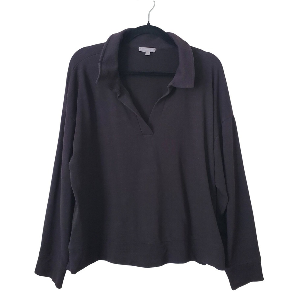 T by Talbots Womens XL UPF 50+ French Terry V-Neck Polo Pullover Top Black